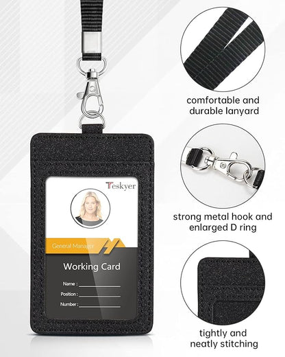 Teskyer Badge Holder with Lanyard, Leather ID Name Badge Card Holder with Lanyard for ID Badges, Vertical, Starry Black