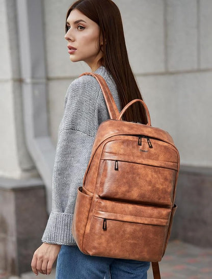Vegan Leather Backpack for Women and Men, Fits 16.0 Inch Laptop, Multi-Pocket Design with Water Bottle and Luggage Strap, Ideal for Work, Travel, and Daily Use, Brown