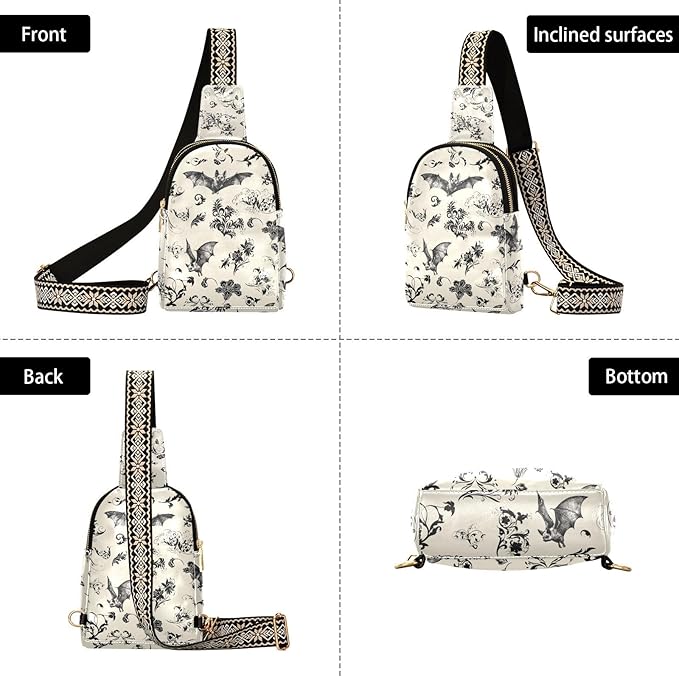 ZAZYXTJ Gothic Bat Flowers Crossbody Sling Bag for Women Leather Small Chest Bag Adjustable Straps Daypack for Travel Sport Hiking