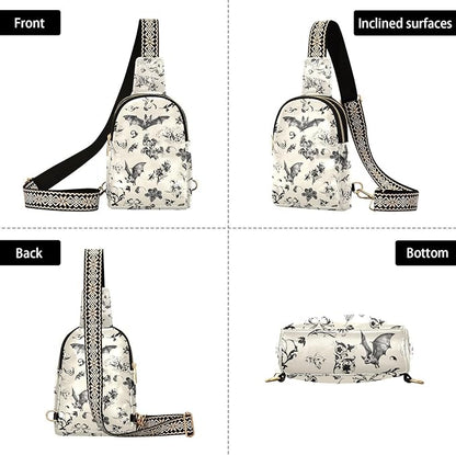 ZAZYXTJ Gothic Bat Flowers Crossbody Sling Bag for Women Leather Small Chest Bag Adjustable Straps Daypack for Travel Sport Hiking