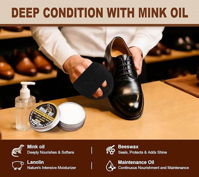 Leather Boot Care Kit, Mink Oil & Saddle Soap for Leather Cleaning & Leather Boots, 6-in-1 Leather Shoe Care Kit