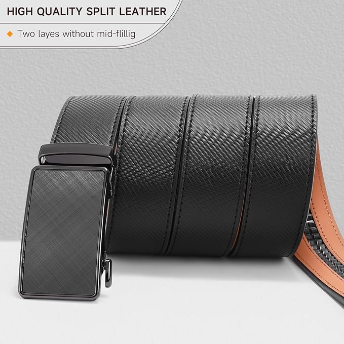 SENDEFN Leather Belt for Men Automatic Ratchet Buckle Slide Dress Casual Belts 1 3/8'' Wide Adjustable Trim to Fit(Black-20)