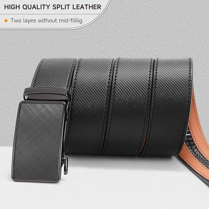 SENDEFN Leather Belt for Men Automatic Ratchet Buckle Slide Dress Casual Belts 1 3/8'' Wide Adjustable Trim to Fit(Black-20)