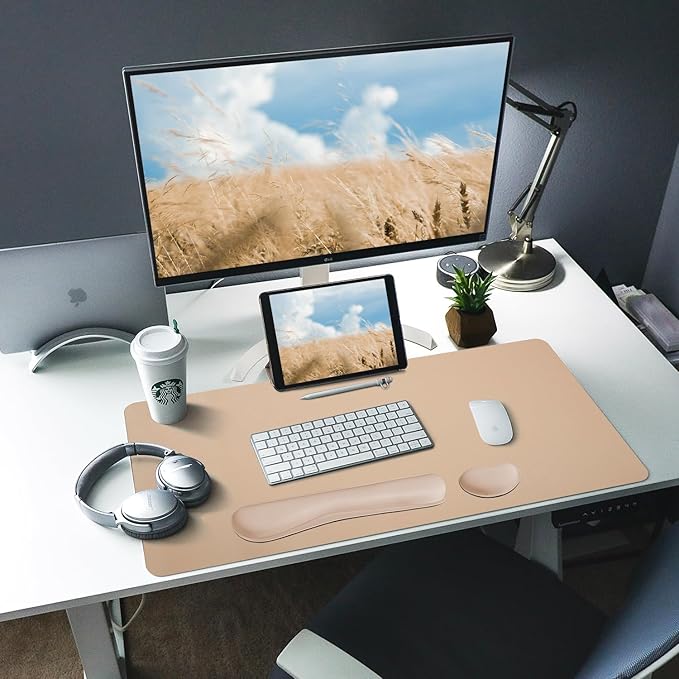 Bloss Leather Desk Pad and Keyboard Wrist Rest, Large Mouse Pad + Keyboard Pad+Mouse Wrist Support, Non-Slip Desk Mat Protector for Office, Home (35.4×15.7 Inches,Beige)