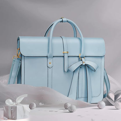 MOSISO Laptop Bag for Women, 15-15.6 inch PU Leather Laptop Shoulder Bags Convertible Backpack, 16 inch Messenger Bags Casual Handbag Work Briefcase Travel Computer Bag with Bowknot, Air Blue