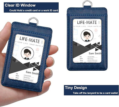 Life-Mate ID Badge Holder with 1 Clear ID Window, 1 Credit Card Slot and PU Leather Lanyard for Badge, Credit Cards, College ID Cards in Blue