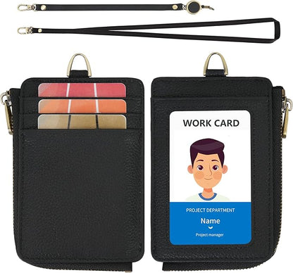 Wason Badge Holder Card Wallet Real Leather with Zipper, Detachable Neck Lanyard, Hand Strap, Retractable Badge Reel, Multi Purpose Case for ID Permit Badge Coin Key Driver's License (Black)