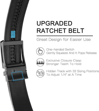 GAEKEAO Ratchet Belt for Men Genuine Leather 1 3/8" - Micro-Adjust Buckle Trim to Fit Dress Belt Casual to Formal Gift Boxed