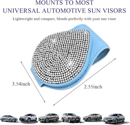 KVAEY Bling Sunglass Holder for Car Visor, Magnetic Leather Visor Clip Glasses Holder with Sparkling Rhinestones, Crystal Visor Ticket Card Clip for Women Girls, Car Accessories (Blue & White)