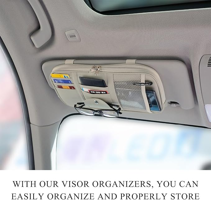 DXNQ Car Sun Visor Organizer, Double Zipper Leather Visor Storage Pouch with Multi-Pocket, Sunglass Holder Storage Pocket with Elastic Band for Cars SUVs Trucks, Car Accessories (Gray)