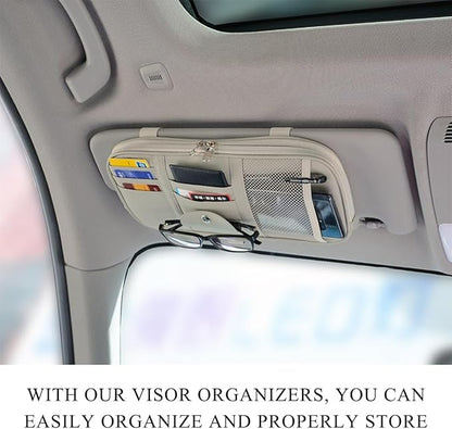 DXNQ Car Sun Visor Organizer, Double Zipper Leather Visor Storage Pouch with Multi-Pocket, Sunglass Holder Storage Pocket with Elastic Band for Cars SUVs Trucks, Car Accessories (Gray)