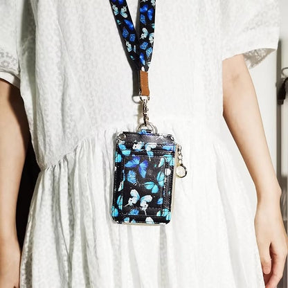 Cute Id Badge Holder with Lanyard,Blue Butterfly Teacher Lanyards for Id Badges and Keys,Identity Id Badge Holder Case, Nurse Doctor Office School Teacher Name Credit Card Pocket