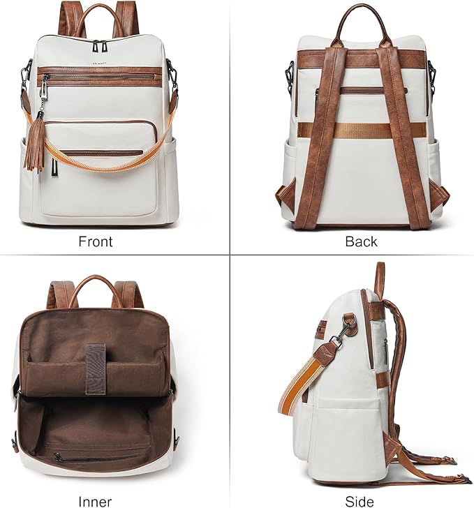 Shrrie 15.6 inch Laptop Backpack for Women,Large Leather Backpack Purse,Travel,Carry on,Water Resistant Casual Laptop Backpacks,College Backpack,Work Backpack for Women,Beige with Brown