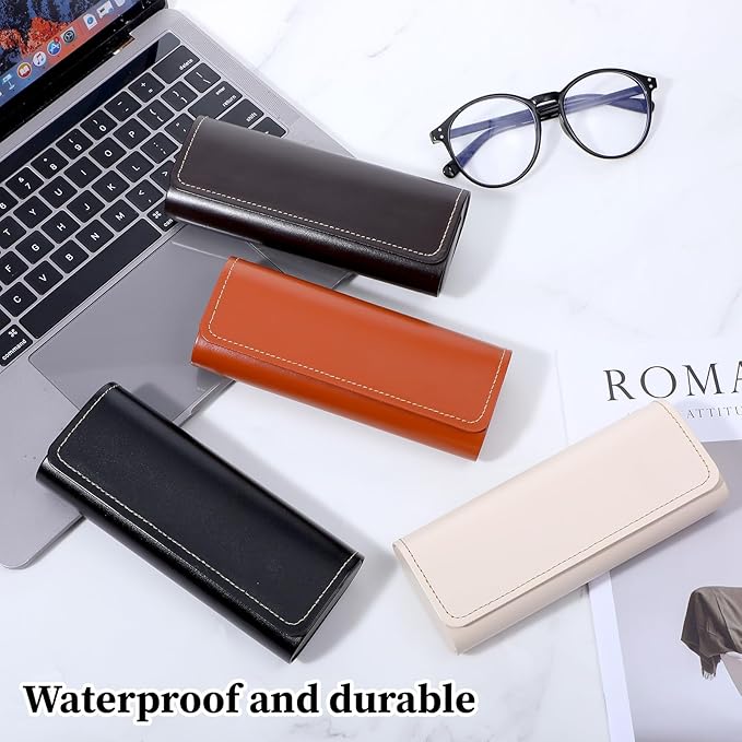 Lemecima 12 Pack Leather Glasses Case Hard Shell, Premium Eyeglasses Storage Organizer with Secure Buckle Closure for Sunglasses, Reading Glasses, Frames - 4 Colors (Black, Maroon, Brown, Beige)