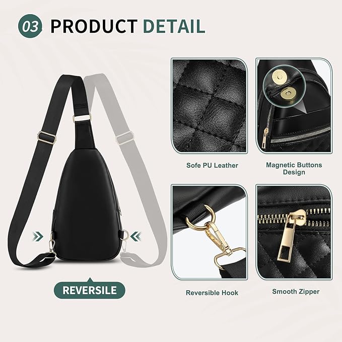 Crossbody Bags for Women Men,Leather Sling Bag Cross Body Backpack for Women, Casual Chest Bag Daypack for Travel Hiking, Black