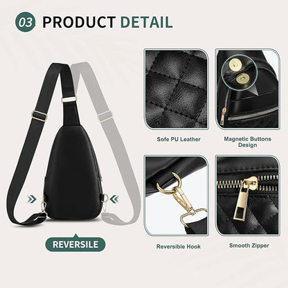 Crossbody Bags for Women Men,Leather Sling Bag Cross Body Backpack for Women, Casual Chest Bag Daypack for Travel Hiking, Black
