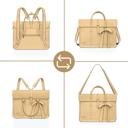 MOSISO Laptop Bag for Women, 15-15.6 inch PU Leather Laptop Shoulder Bags Convertible Backpack, 16 inch Messenger Bags Casual Handbag Work Briefcase Travel Computer Bag with Bowknot, Turmeric