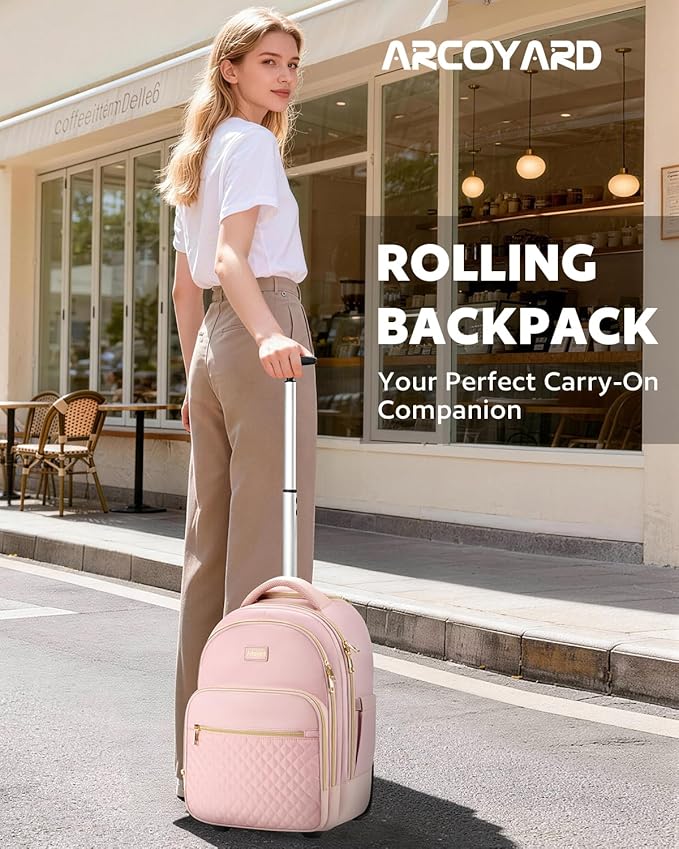 Arcoyard Small Rolling Backpack, 14.3 Inch Underseat Carry On Luggage With Wheels For Adults, Wheeled Backpack for Women, Travel Roller Bag, Pink