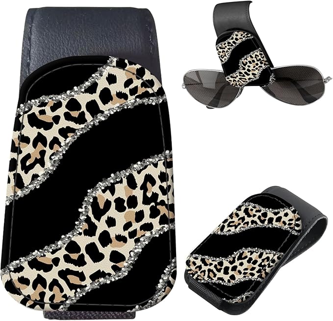 Sunglasses Holder for Car Visor, PU Leather Glasses Clip Organizer, Cute Magnetic Eyeglass Holder for Vehicle Sun Visor, Car Interior Accessory for Women & Men Shining Leopard Stripes