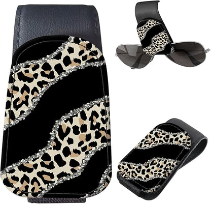 Sunglasses Holder for Car Visor, PU Leather Glasses Clip Organizer, Cute Magnetic Eyeglass Holder for Vehicle Sun Visor, Car Interior Accessory for Women & Men Shining Leopard Stripes