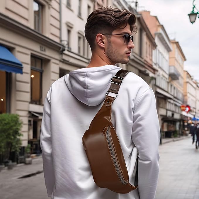 Faux Leather Belt Bag for Men, Crossbody Sling Bag with Adjustable Strap, Back Zipper Pocket, Large Capacity Waist Pack for Travel, Work, Every, Brown