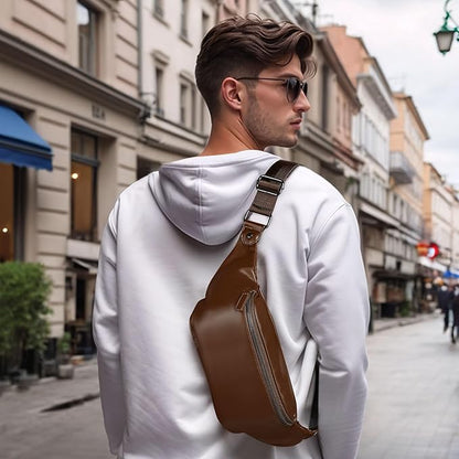 Faux Leather Belt Bag for Men, Crossbody Sling Bag with Adjustable Strap, Back Zipper Pocket, Large Capacity Waist Pack for Travel, Work, Every, Brown