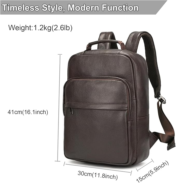 Durable Genuine Leather Backpack - 15.6 Inch Laptop Bag for Business Commute & Travel, Large Capacity Multi-Pocket Backpack for Men/Women, Coffee