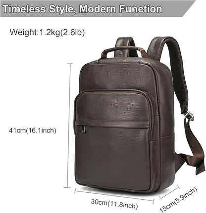Durable Genuine Leather Backpack - 15.6 Inch Laptop Bag for Business Commute & Travel, Large Capacity Multi-Pocket Backpack for Men/Women, Coffee