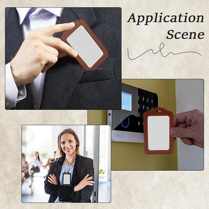4PCS Doubel Sided PU Leather Badge Holder with Clear Window 2 Colors Vertical ID Card Case Waterproof Leather Photocard Protector Name Badge Pouch for Office Staff Students School