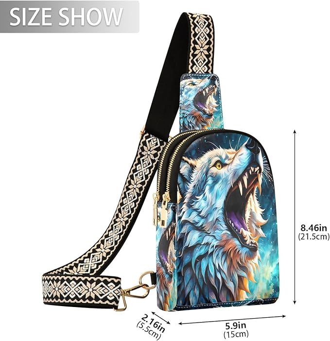 ZAZYXTJ Wolf Crossbody Sling Bag for Women Leather Small Chest Bag Adjustable Straps Daypack for Travel Sport Hiking