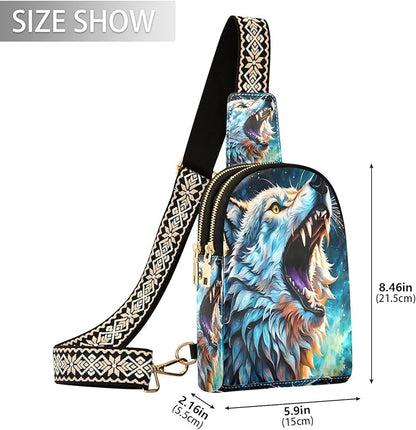 ZAZYXTJ Wolf Crossbody Sling Bag for Women Leather Small Chest Bag Adjustable Straps Daypack for Travel Sport Hiking