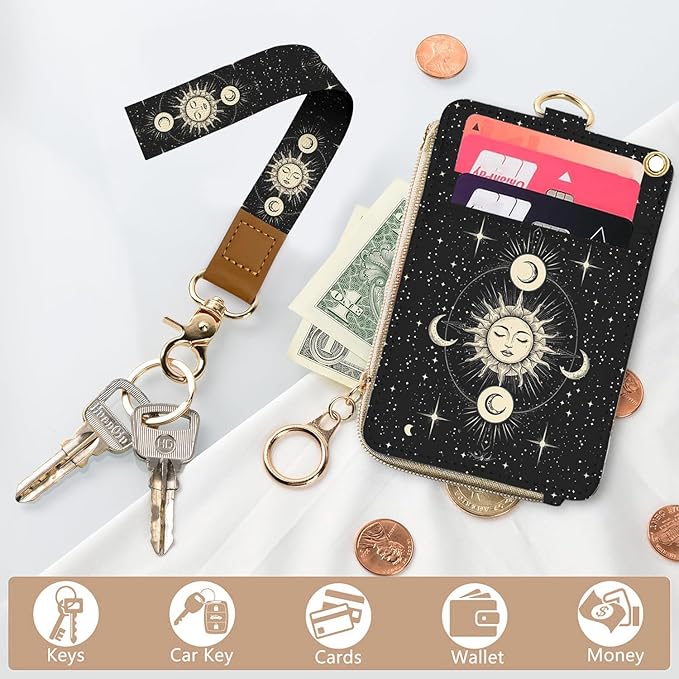 bolimoss Sun and Moon Badge Holder & Lanyard Wallet Removable Lanyards for Teacher Womens Wallet with Wristlet & Neck Lanyard, Clear Window, 5 Card Slots, Pocket,1 Side Zipper Pocket, Ring Keychain