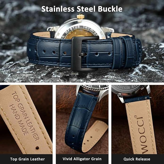 WOCCI Watch Bands, Top Grain Leather, Embossed Alligator Grain, Quick Release, Band Width 18mm 20mm 22mm