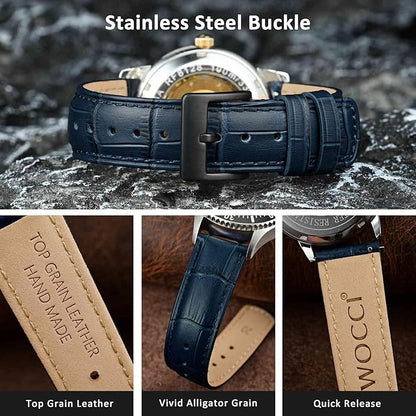 WOCCI Watch Bands, Top Grain Leather, Embossed Alligator Grain, Quick Release, Band Width 18mm 20mm 22mm