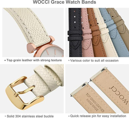 WOCCI 14mm Grace Watch Band for Ladies, Top Grain Leather, Quick Release Replacement Strap with Gold Buckle (Beige)