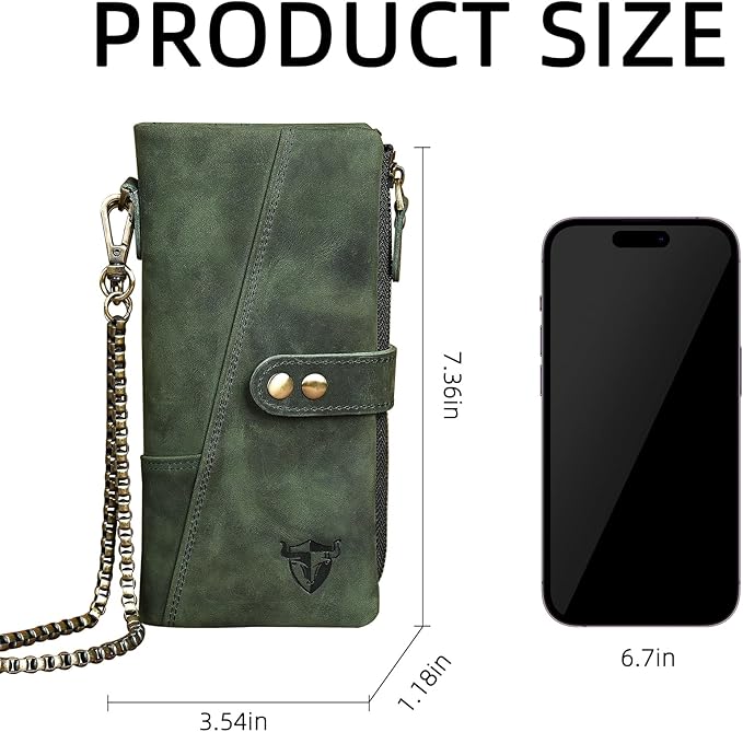 Genuine Crazy Horse Leather Travel Gift Coin Pocket Card Case Long Organizer Chain Rfid Wallet Purse With Snap For Men Male 1803 1815 (1803 The Green2)