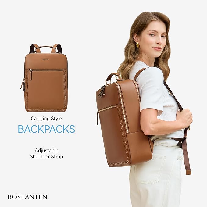 BOSTANTEN Leather Backpack 15.6 inch Laptop Bag Travel Casual Computer Backpack College Business Work Shoulder Bags with Trolley Sleeve for Women Men Brown