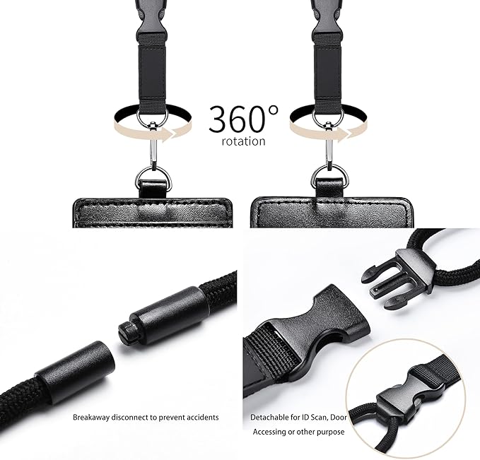 JINEASY ID Black Lanyard with ID Holder, Leather Badge Holder with Lanyard for Work Key Cards
