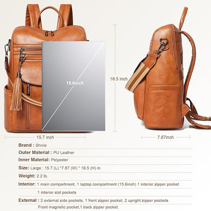 Shrrie Laptop Backpack for Women 15.6 inch,Travel Leather Backpack Purse Nurse Teacher Carry on Backpack Computer Bag,Professional Water-Resistant College Business Work Casual Daypack,Brown