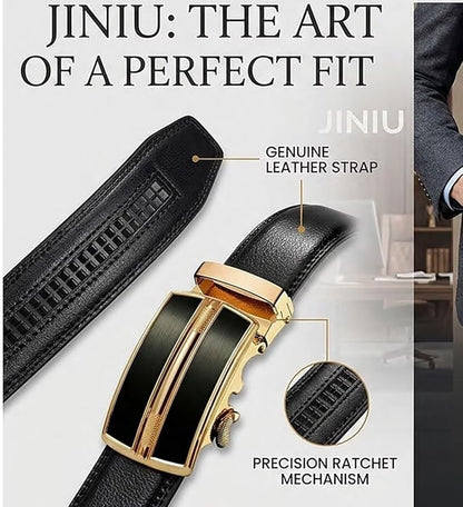JINIU Men's Ratchet Belt Buckle, Black Genuine Leather Slide Belt for Men Dress Suit, Micro Adjustable Trim to Fit Boxed