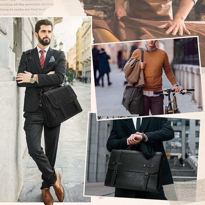 RAINSMORE Mens Messenger Bag 18 Inch Waterproof Vintage Leather Laptop Briefcase Large Laptop Bag Satchel Bag Computer Shoulder Bag for Office Business Travel College,Black