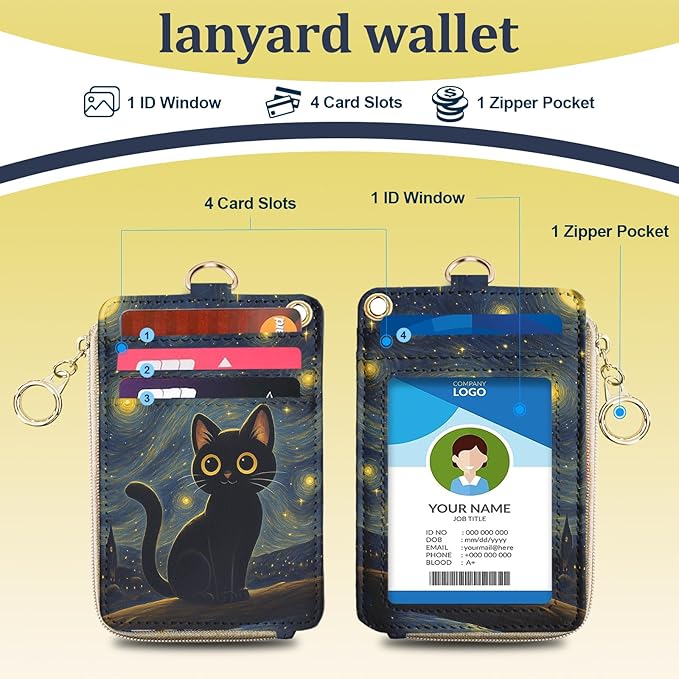 Black Cat Lanyard Wallet with ID Badge Holder, Small RFID Wallet Women Keychain Wristlet, PU Leather Credit Card Holder with Zipper Pocket Phone Lanyard Wrist Strap Teacher Nurse Office