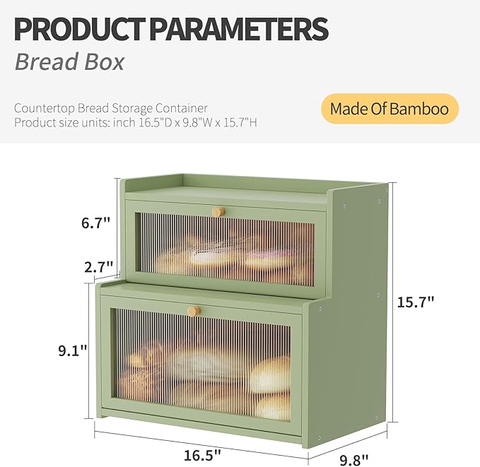 Double Layer Bamboo Bread Box for Kitchen Counter, Countertop Bread Storage Container, Bread Container Bread Storage with Window Bread Holder (Green)