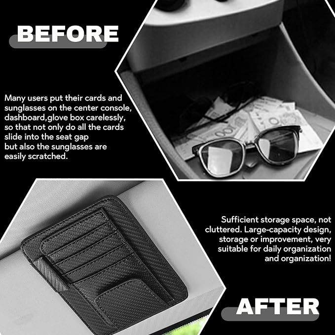 Car Sun Visor Organizer, Multifunctional Auto Visor Document Holder with Sunglasses Clip, Universal Car Interior Accessories Organizer for Drving License, Card, Pen (Carbon Fiber Black)