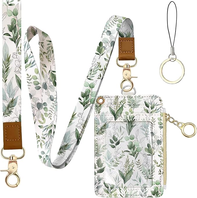 Cute Leather Badge Holder with Zipper Pocket, Leaves Lanyards and 1 Zip Pocket and 4 Card Slots, Breakaway Lanyards with Metal Clasp for Offices, Staff, Adult, Employees