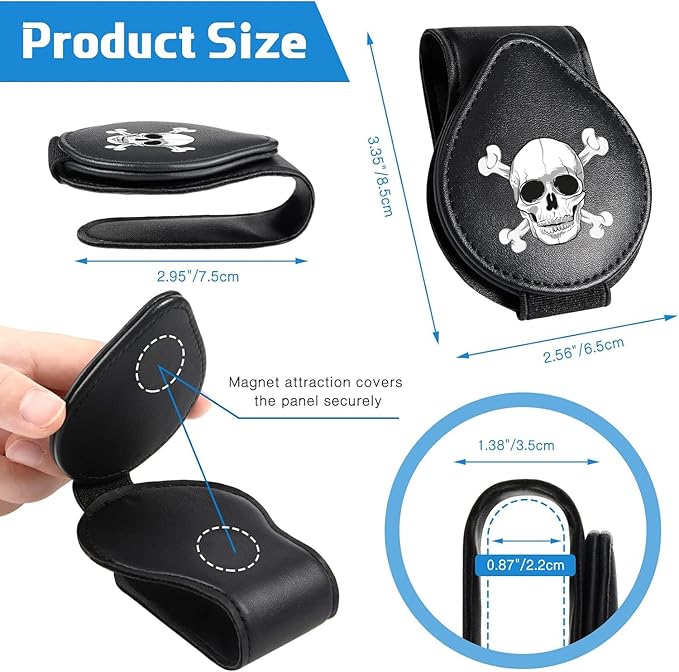 Sunglass Holder for Car Visor, for Anime Skull Skeleton Magnet Sunglasses Holder for car, Cartoon Leather Car Sunglass Holder, Visor Sunglass Holder with Glasses Cards