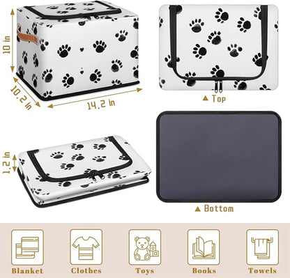 Dogs Footprints Storage Bins With Zipper Lid, Collapsible Trunk Organizer, Car Organizers and Storage Bins with Lids, Decorative Storage Boxes with Handle, Home Storage Baskets for Organizing