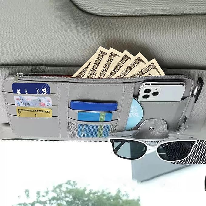Grey Multifunctional Car Sun Visor Organizer Sun Visor Caddy Sunvisor Pouch Visor Storage with a Zipper Bag Car Visor Accessories,3 Cards Holder,CD Glasses Pen Holder
