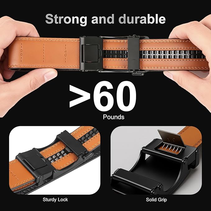Men's Ratchet Belt Genuine Leather No-Hole Slide Buckle - Adjustable Men's Dress & Casual Belt