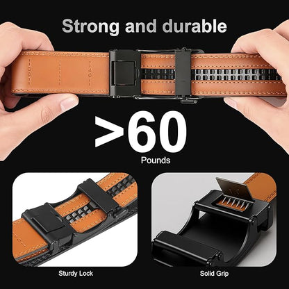Men's Ratchet Belt Genuine Leather No-Hole Slide Buckle - Adjustable Men's Dress & Casual Belt